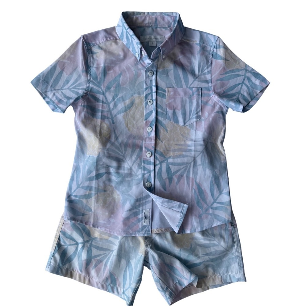 Vintage Summer Boys Tropical Button-Up Shirt & Swim Trunks Set Size 7 Pineapple